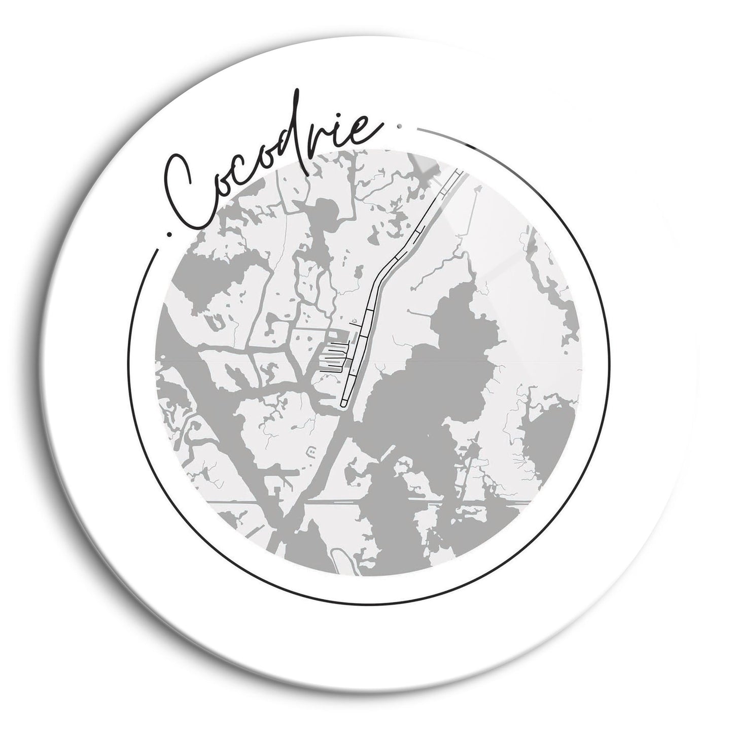Minimalist B&W Louisiana Cocodrie Circle Map | Hi-Def Glass Art | Eaches | Min 1