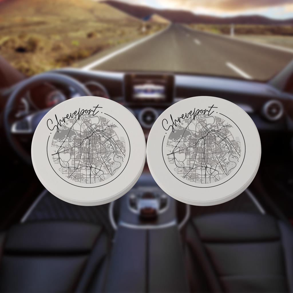 Modern Louisiana Shreveport Circle Map | Absorbent Car Coasters | Set of 2 | Min 4