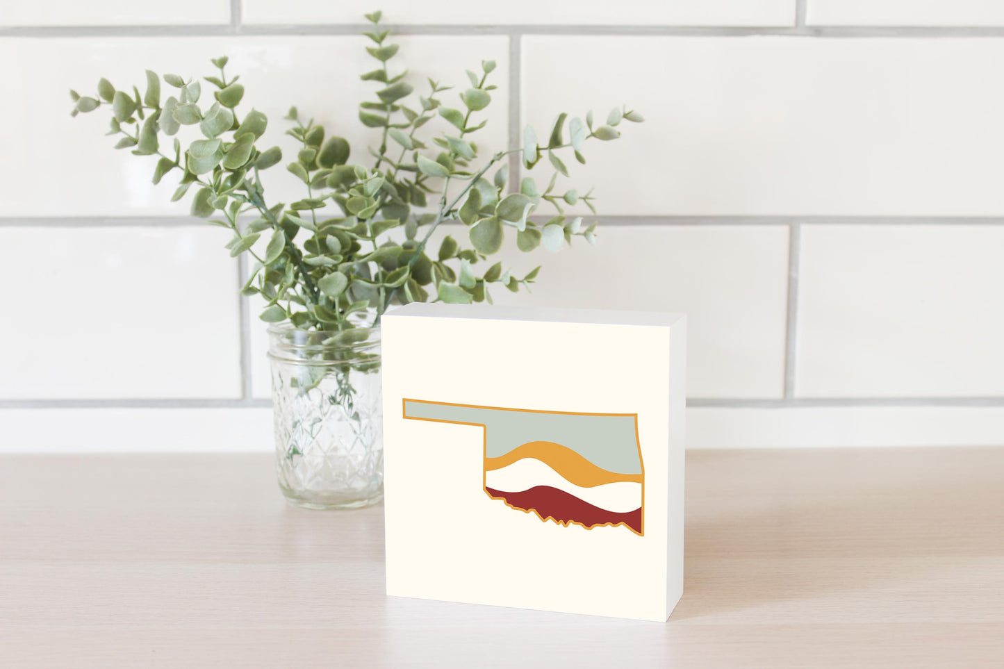 Modern Minimalist Oklahoma Cream Retro State Shape With Hills | Wood Block | Eaches | Min 4