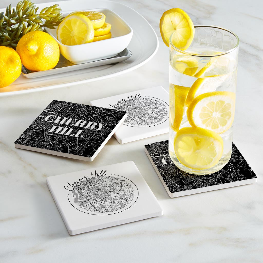 Minimalistic B&W New Jersey Cherry Hill Maps | Absorbent Coasters | Set of 4 | Min 2