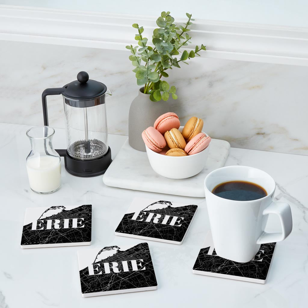 Minimalistic B&W Pennsylvania Erie Map | Absorbent Coasters | Set of 4 | Min 2