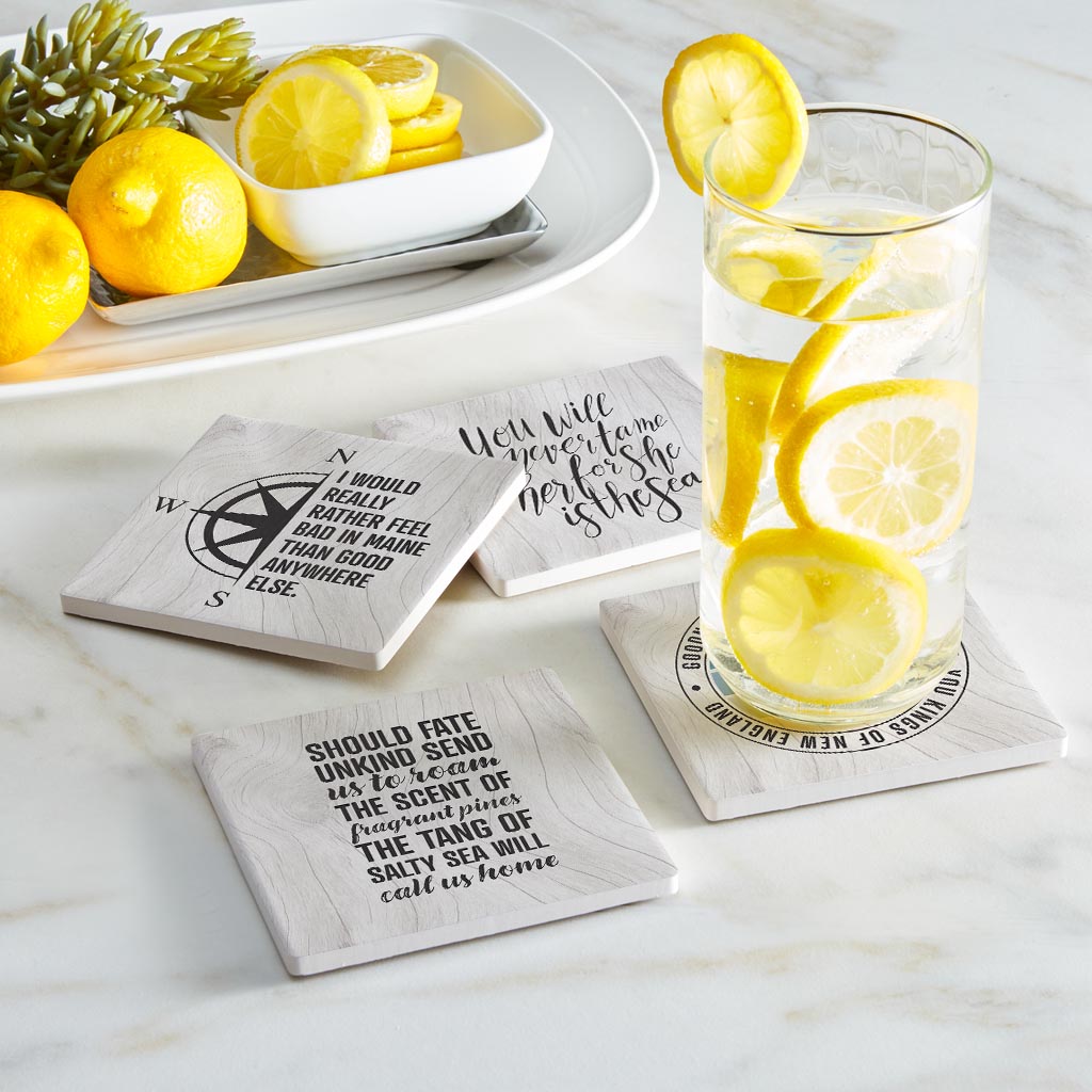 New England Sayings With Wood Grain | Absorbent Coasters | Set of 4 | Min 2