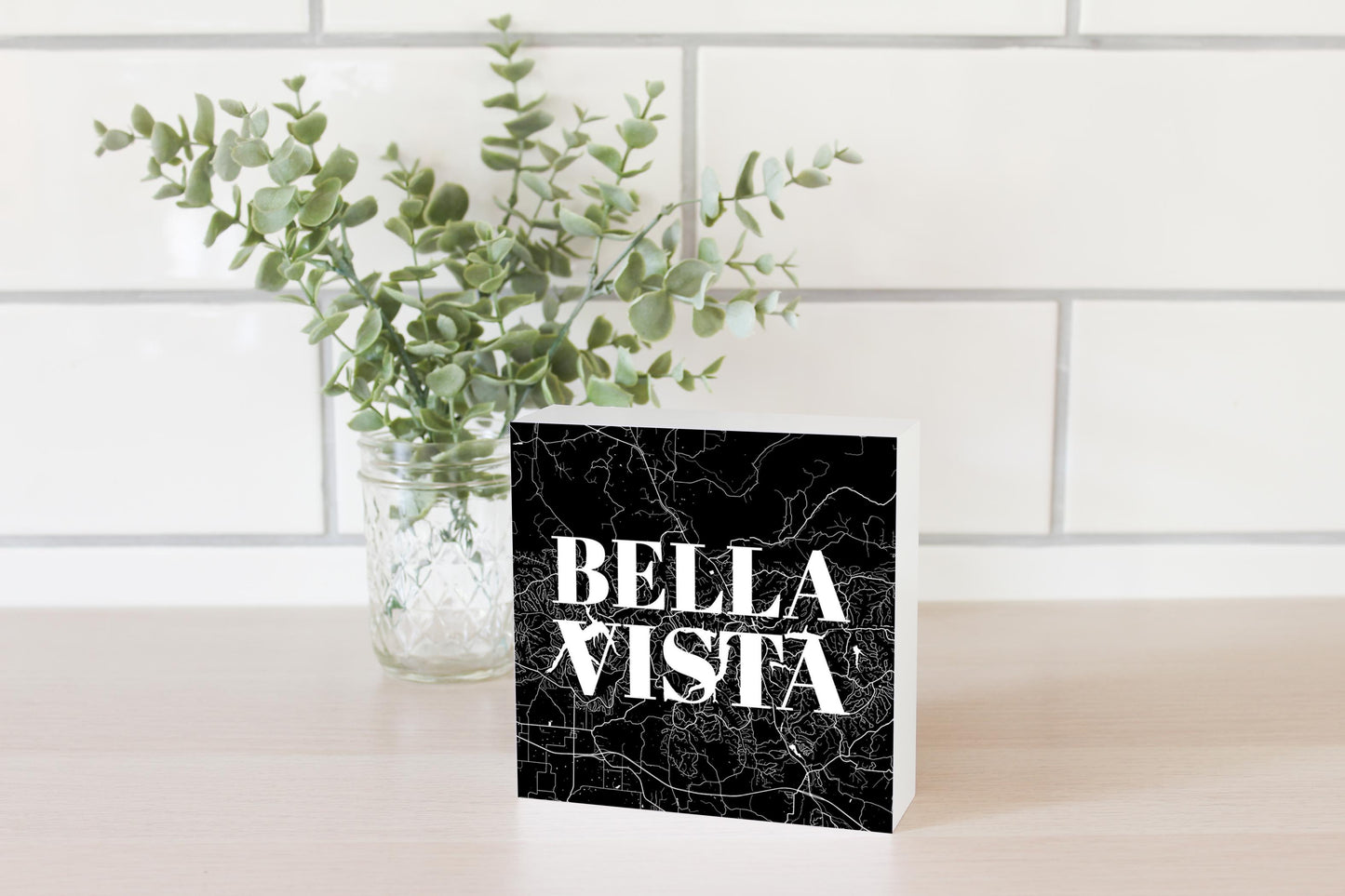 Minimalist B&W Arkansas Bella Vista Map | Wood Block | Eaches | Min 4