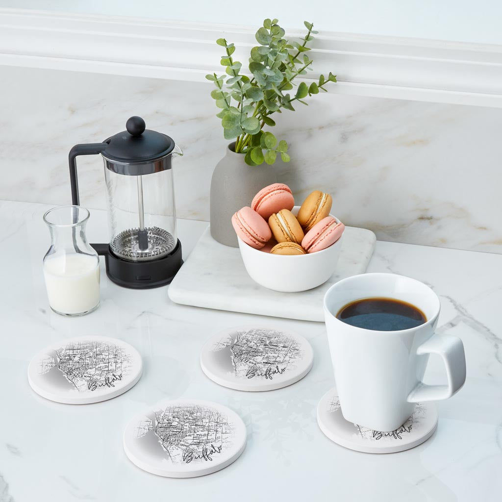 Minimalistic B&W New York Buffalo Faded Circle Map | Absorbent Coasters | Set of 4 | Min 2
