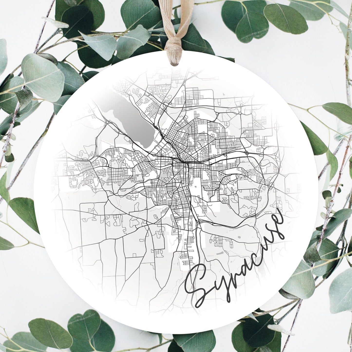 Minimalistic B&W New York Syracuse Faded Circle Map | Wood Ornament | Eaches | Min 1