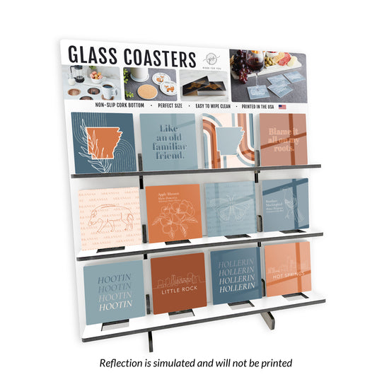 Modern Minimalist Arkansas Glass Square Coaster Loaded Display POP Min of 1
