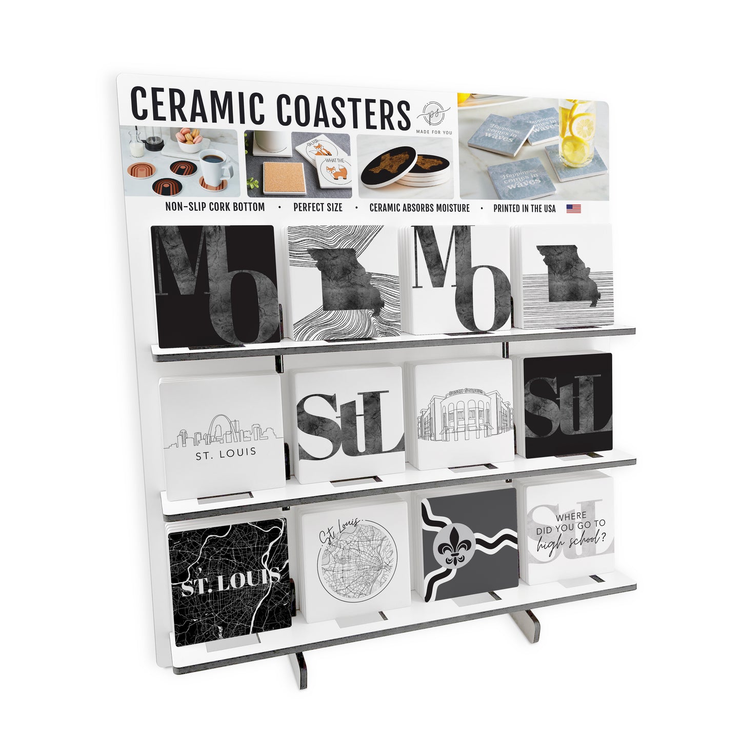 Minimalist B&W Missouri St. Louis Square Ceramic Coaster Loaded Display POP Min of 1