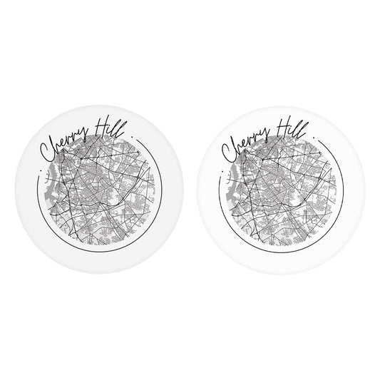 Minimalistic B&W New Jersey Cherry Hill Circle Map | Absorbent Car Coasters | Set of 2 | Min 4