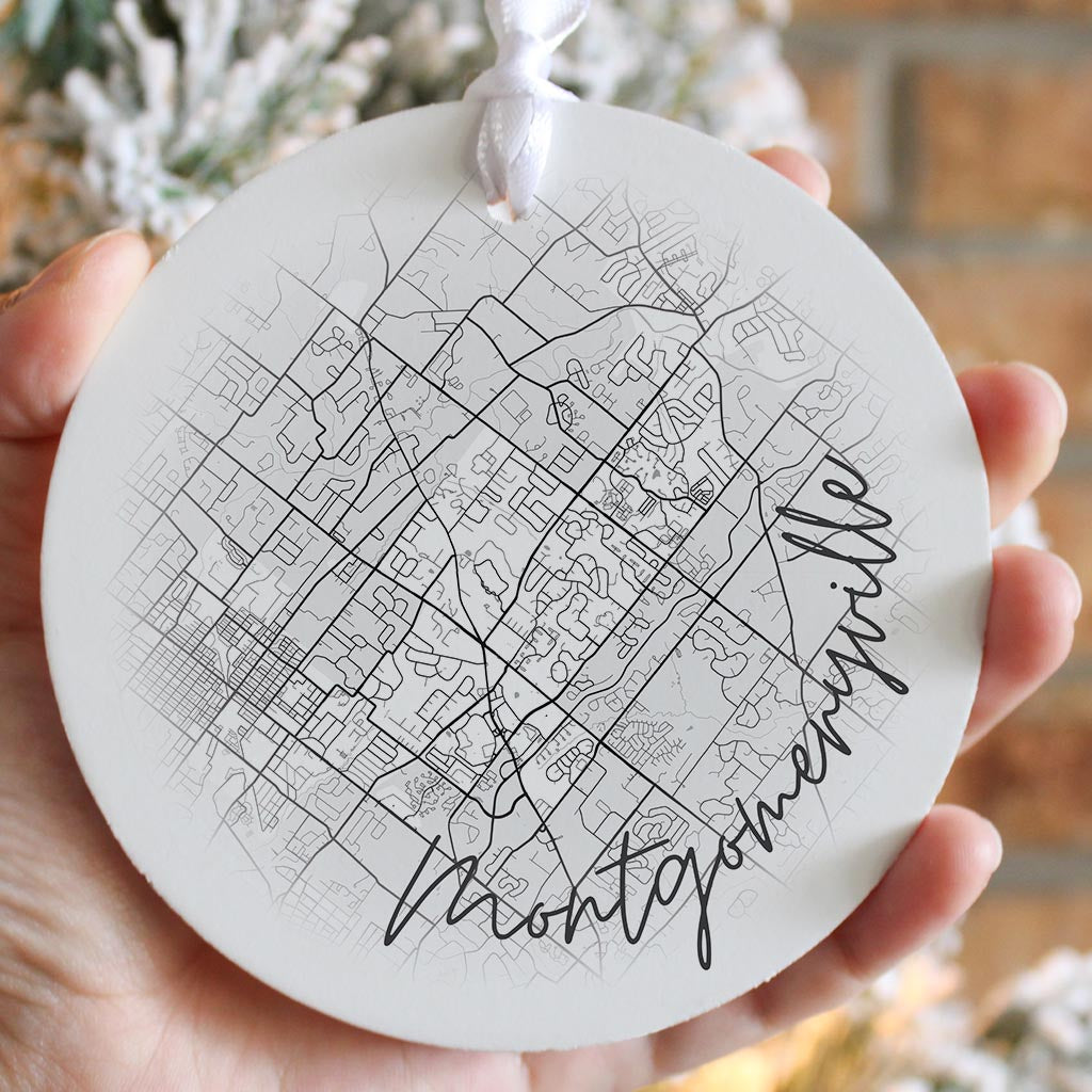 Minimalistic B&W Pennsylvania Montgomeryville Circle Map| Wood Ornament | Eaches | Min 6