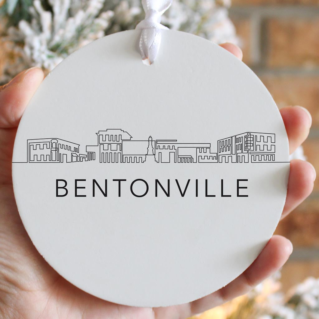 Minimalist B&W Arkansas Bentonville Skyline | Wood Ornament | Eaches | Min 6