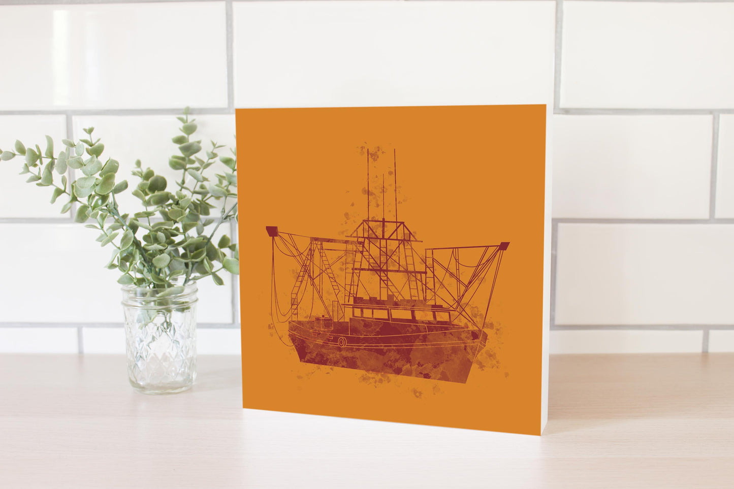 Louisiana Colorful Water Color Shrimp Boat | Wood Block | Eaches | Min 2