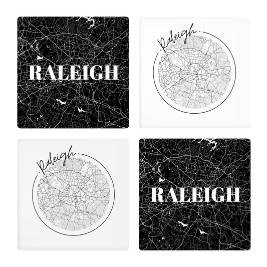 Minimalistic B&W North Carolina Raleigh Maps | Absorbent Coasters | Set of 4 | Min 2