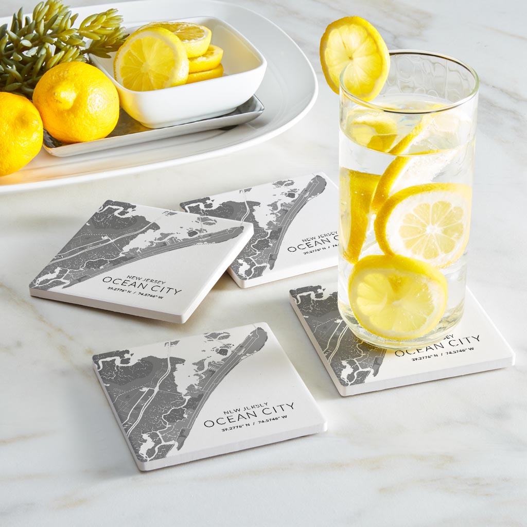 Ocean City Nj Minimalistic Map With Coordinates | Absorbent Coasters | Set of 4 | Min 2