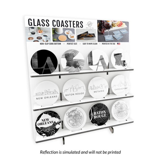 Modern Black & White Louisiana Circle Glass Coaster Loaded Display POP Min of 1