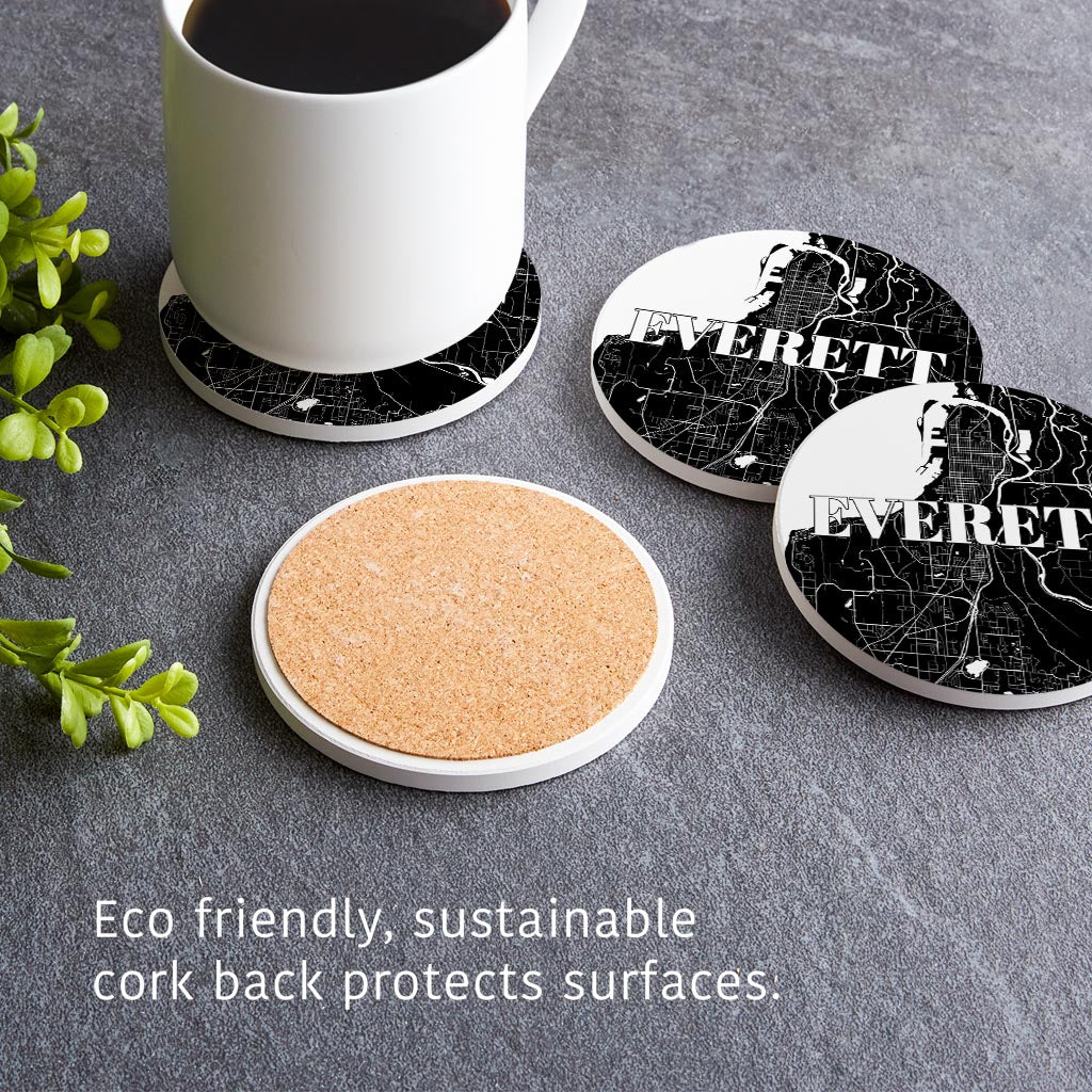 Minimalistic B&W Washington Everett Map | Absorbent Coasters | Set of 4 | Min 2