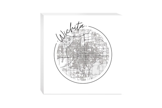 Minimalist B&W Kansas Wichita Circle Map | Wood Block | Eaches | Min 2