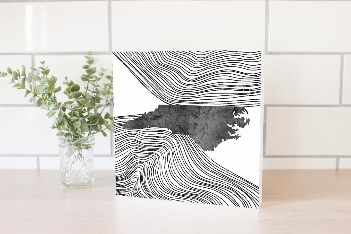 Minimalistic B&W North Carolina State With Fluid Lines | Wood Block | Eaches | Min 2