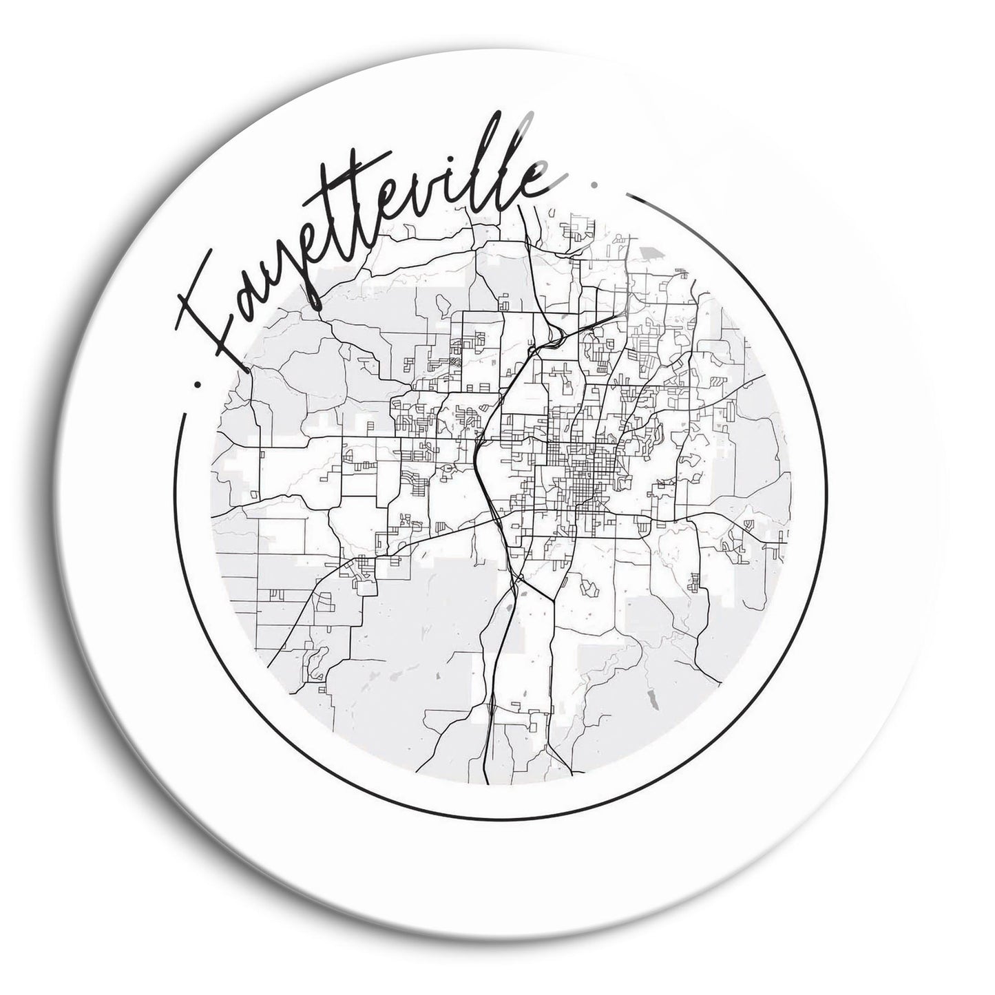 B&W Minimalist Arkansas Fayetteville Circle Map | Hi-Def Glass Art | Eaches | Min 1