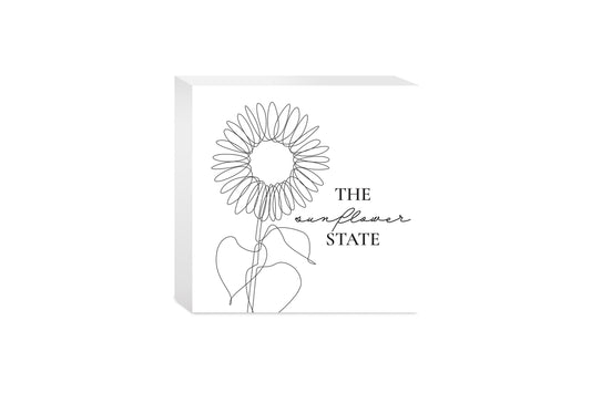 Minimalist B&W Kansas Sunflower Line Drawing | Wood Block | Eaches | Min 4