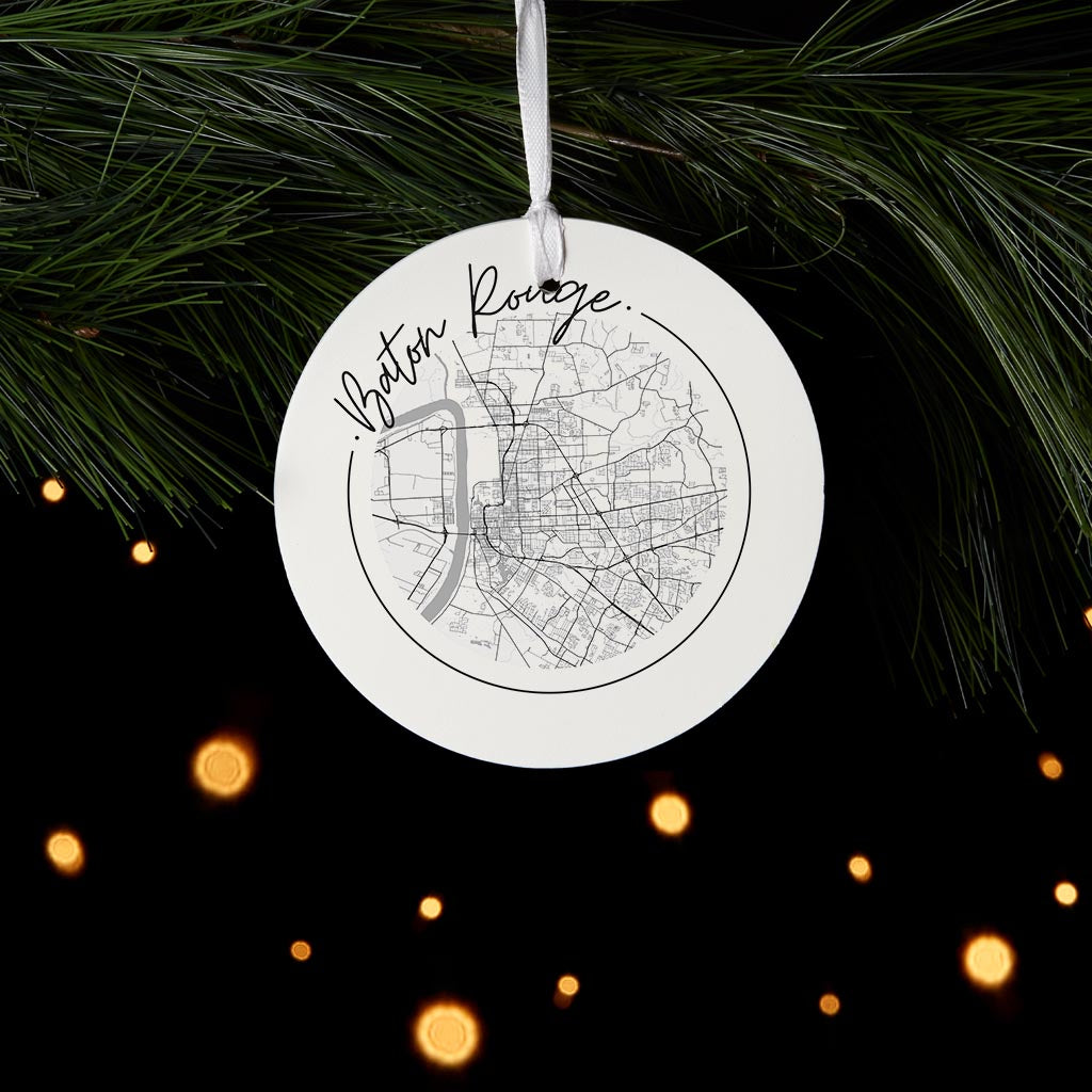 Minimalist B&W Louisiana Baton Rouge Circle Map | Wood Ornament | Eaches | Min 6