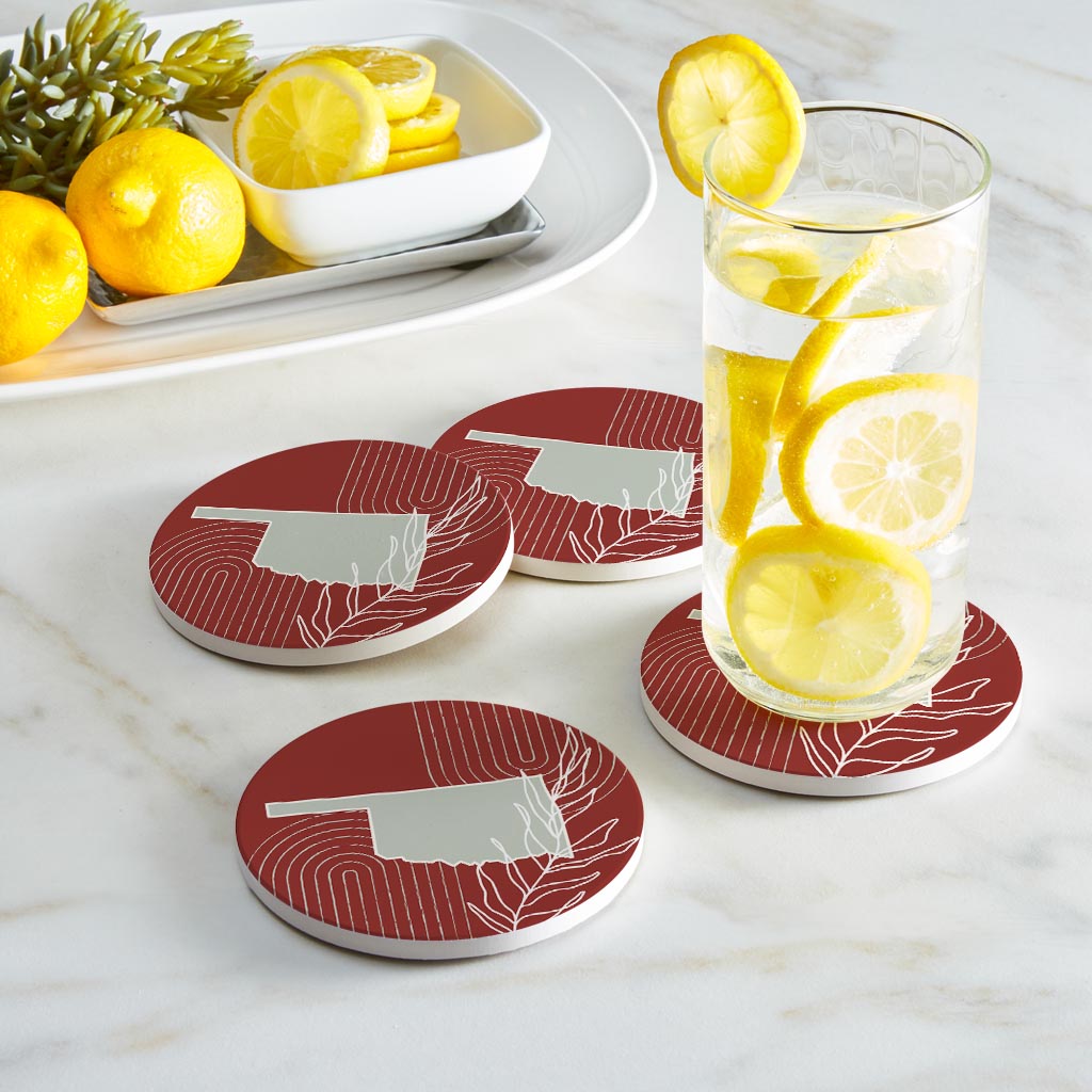 Modern Minimalist Oklahoma State Shape With Leaf | Absorbent Coasters | Set of 4 | Min 2