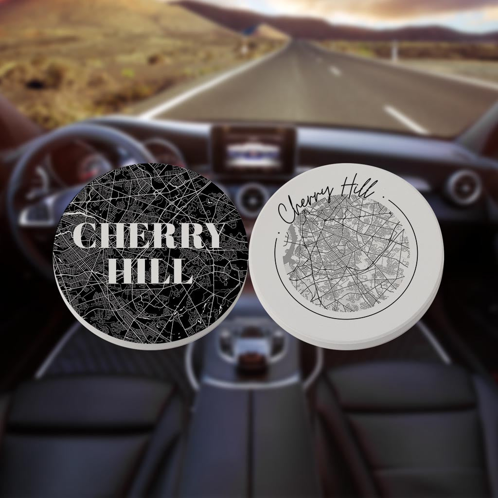Minimalistic B&W New Jersey Cherry Hill Maps | Absorbent Car Coasters | Set of 2 | Min 4