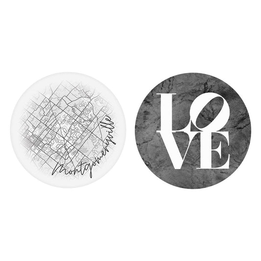 Minimalistic B&W Pennsylvania Montgomeryville Circle Love| Absorbent Car Coasters | Set of 2 | Min 4