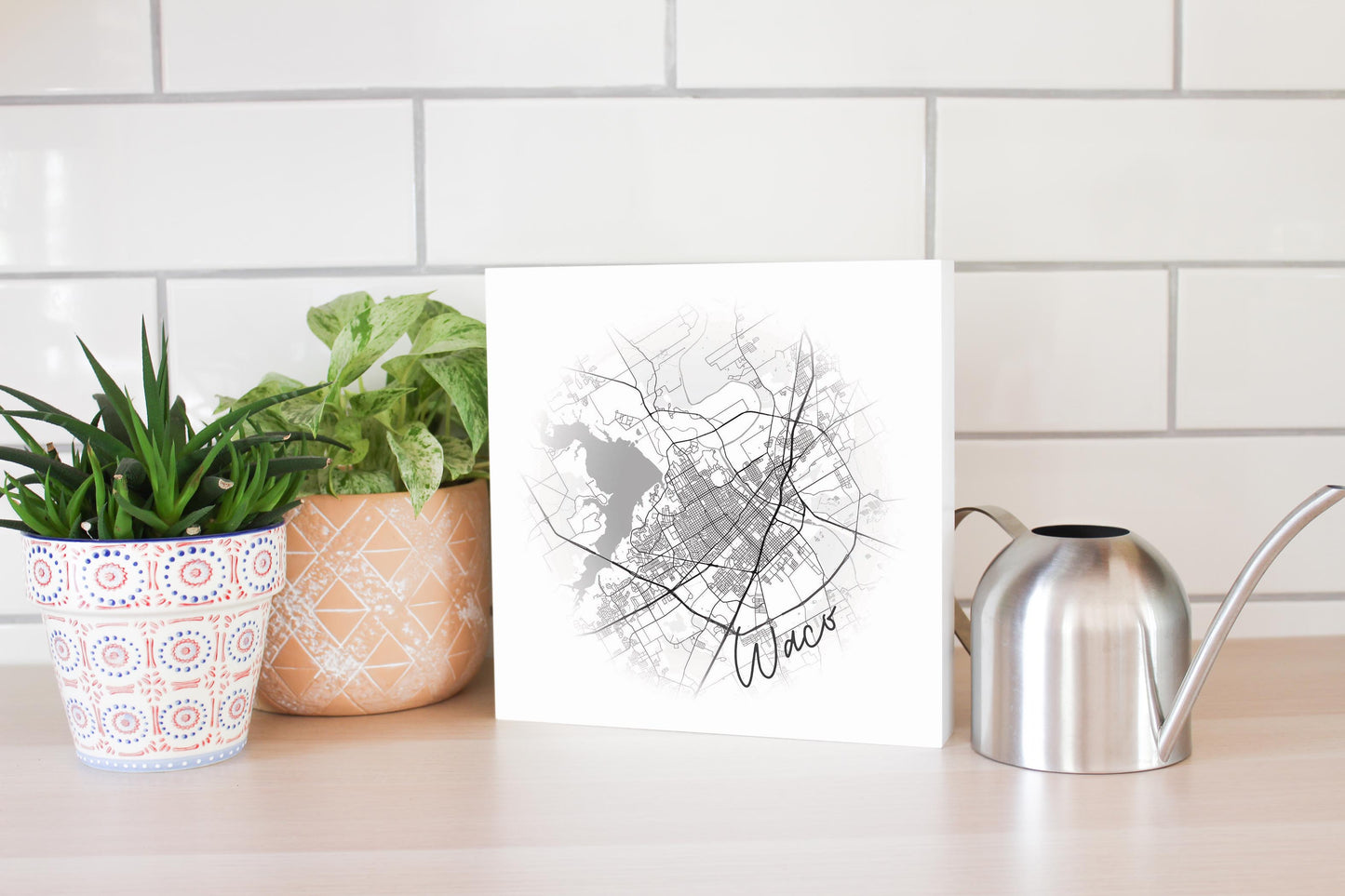 Minimalistic B&W Texas Waco Circle Map | Wood Block | Eaches | Min 2