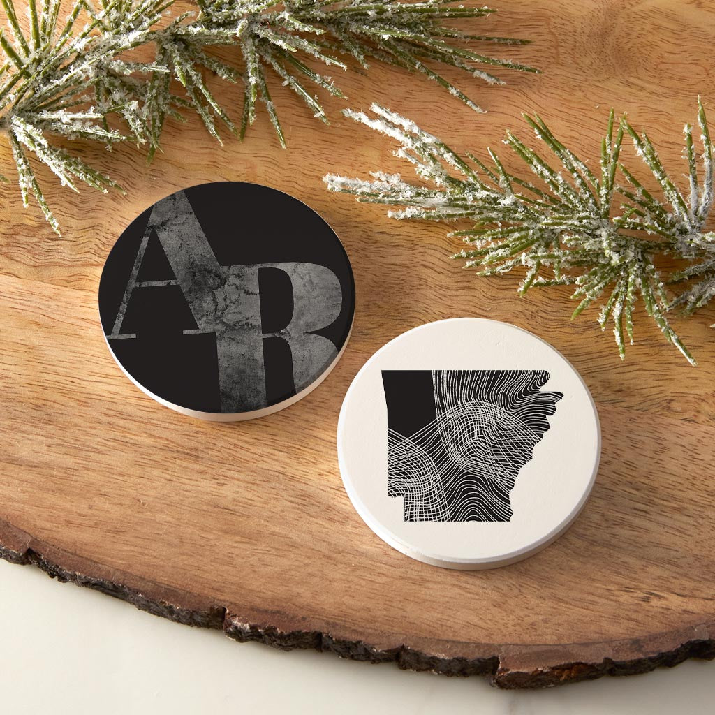 B&W Minimalist Arkansas Initials State Shape| Absorbent Car Coasters | Set of 2 | Min 4
