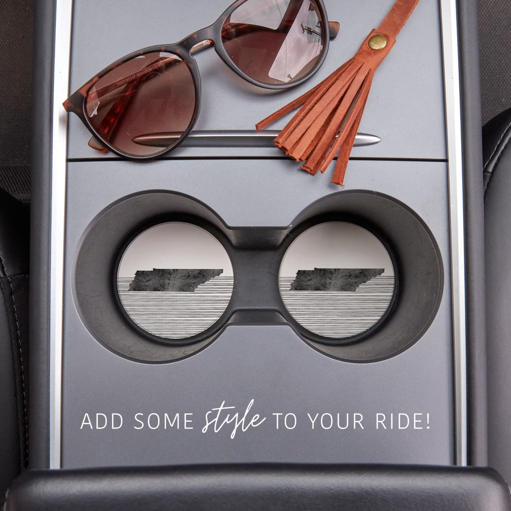 Minimalist B&W Tennessee State With Straight Lines | Absorbent Car Coasters | Set of 2 | Min 4