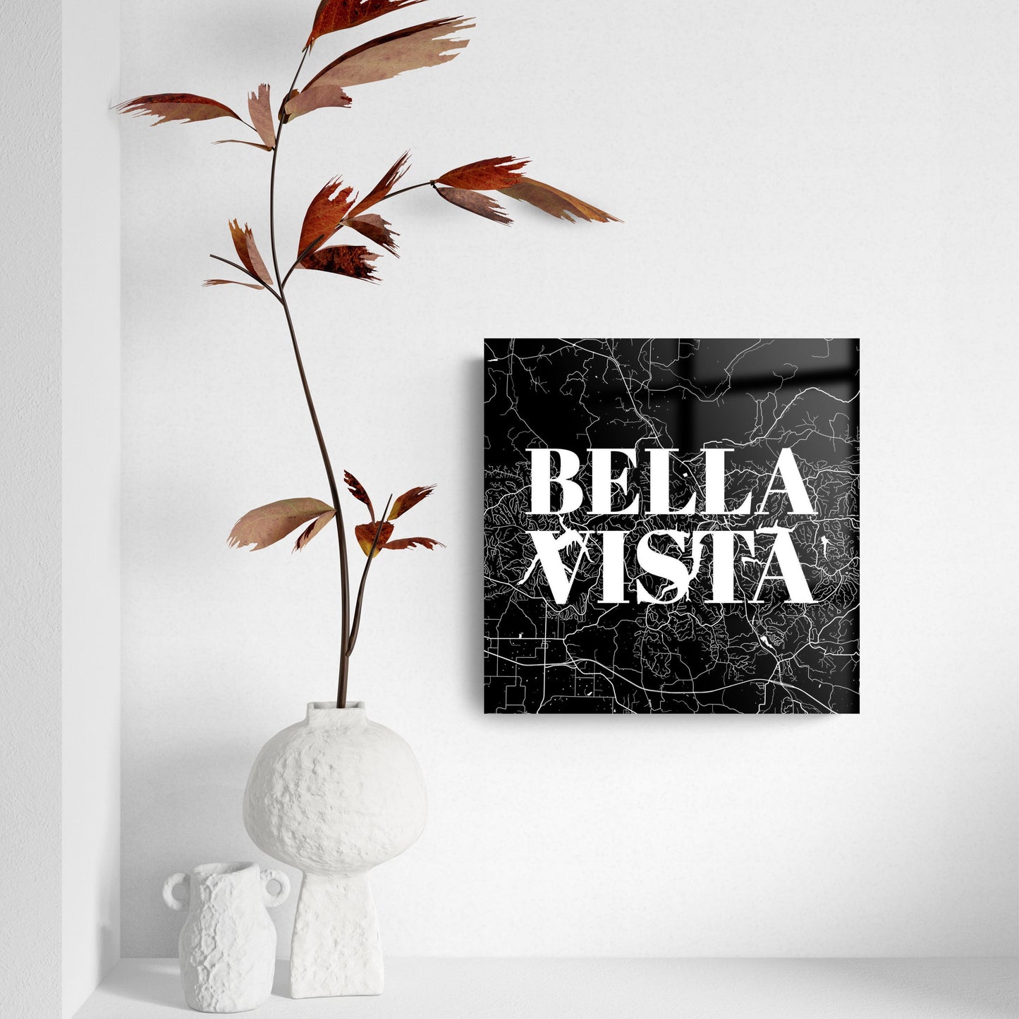 Minimalist B&W Arkansas Bella Vista Map | Hi-Def Glass Art | Eaches | Min 2