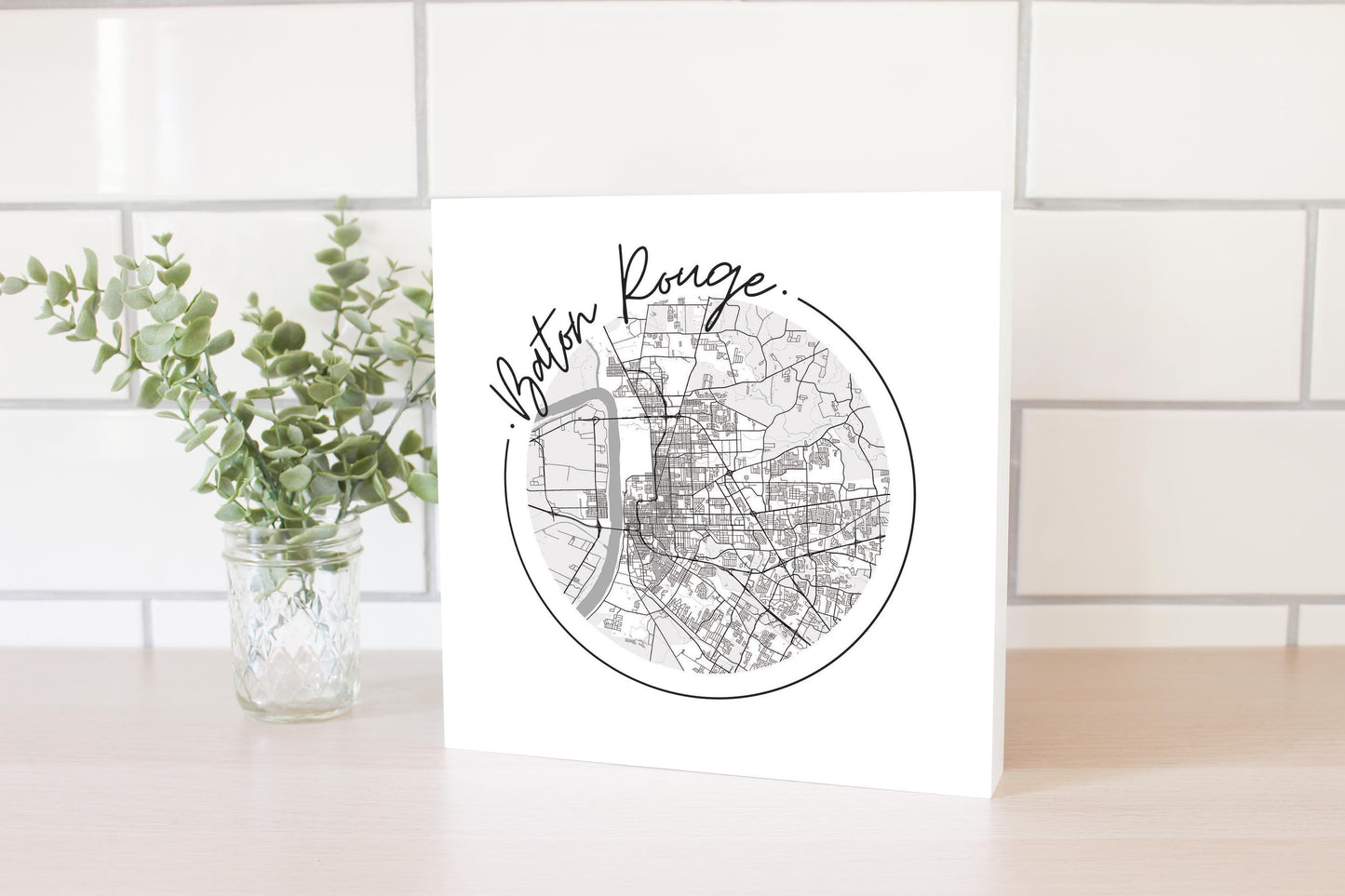 Minimalist B&W Louisiana Baton Rouge Circle Map | Wood Block | Eaches | Min 2