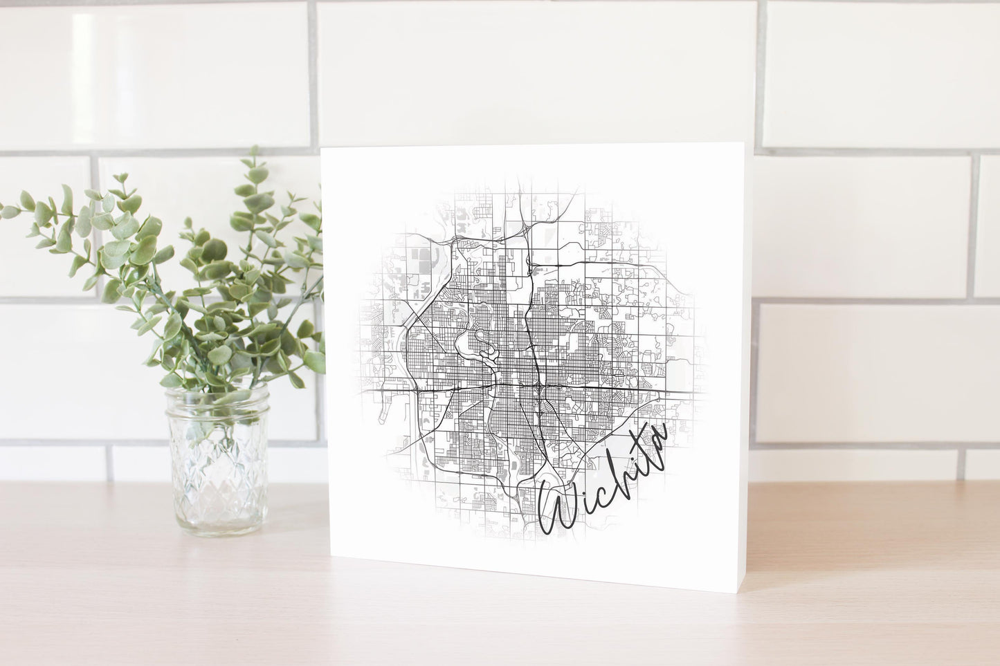 Minimalistic B&W Kansas Wichita Circle Map | Wood Block | Eaches | Min 2