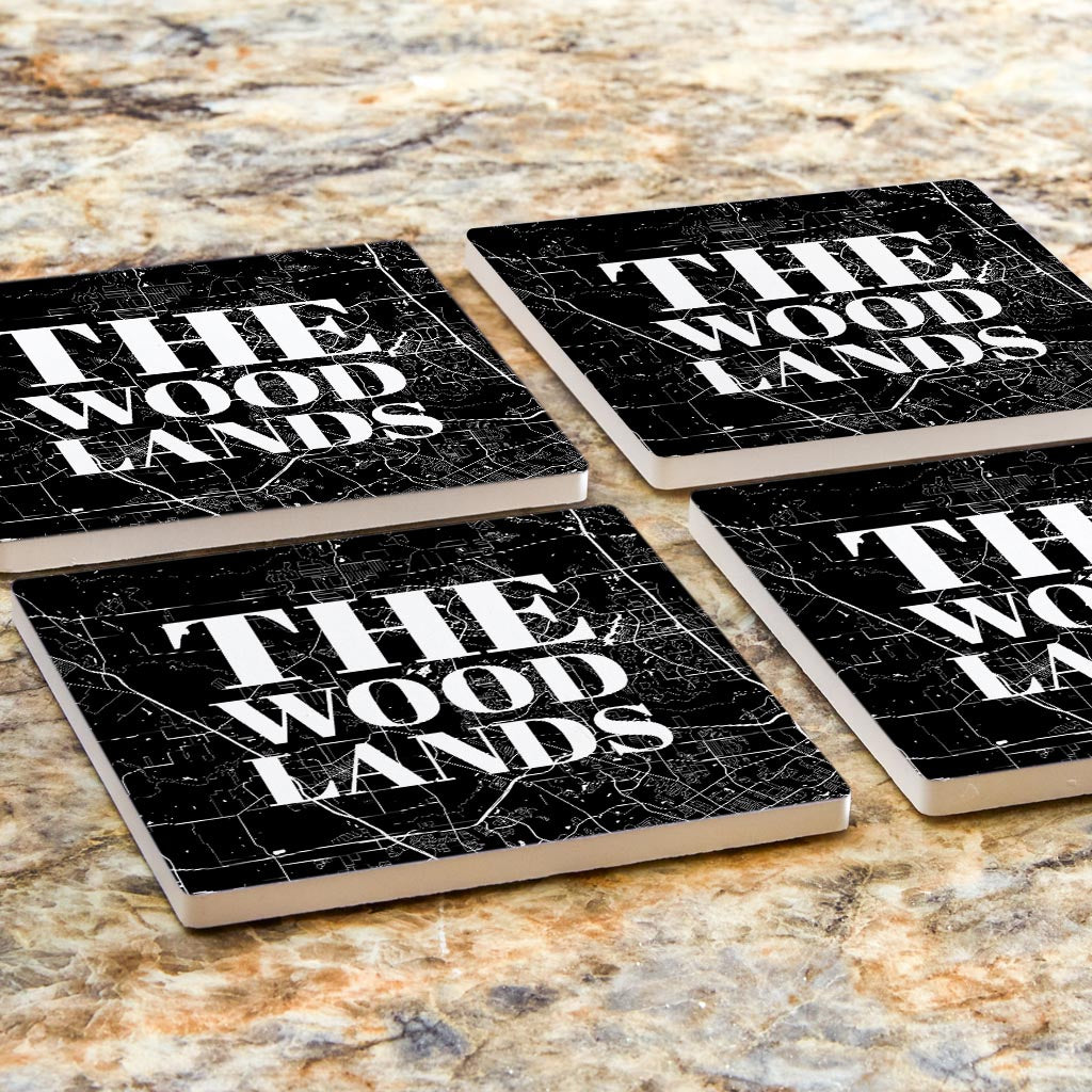 Minimalistic B&W Texas The Woodlands Map | Absorbent Coasters | Set of 4 | Min 2