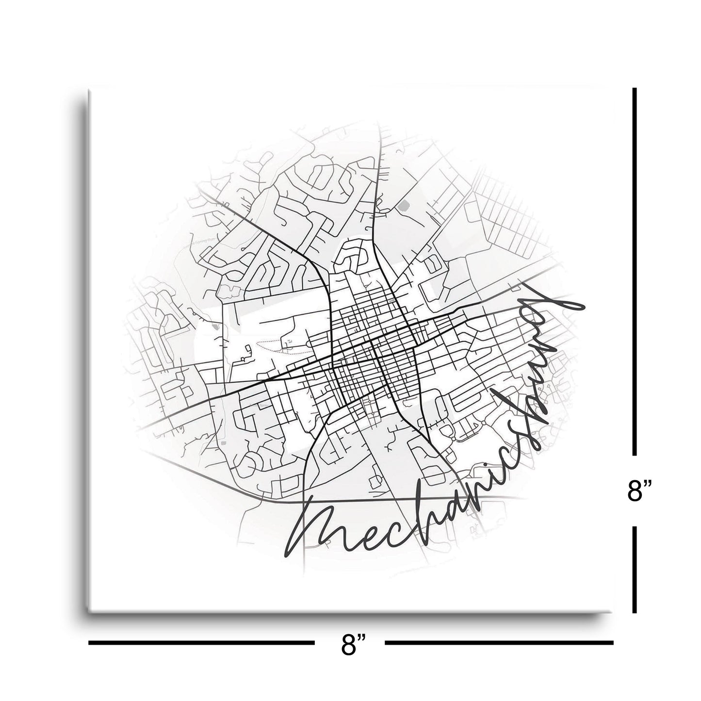 Minimalistic B&W Pennsylvania Mechanicsburg Circle Map | Hi-Def Glass Art | Eaches | Min 2