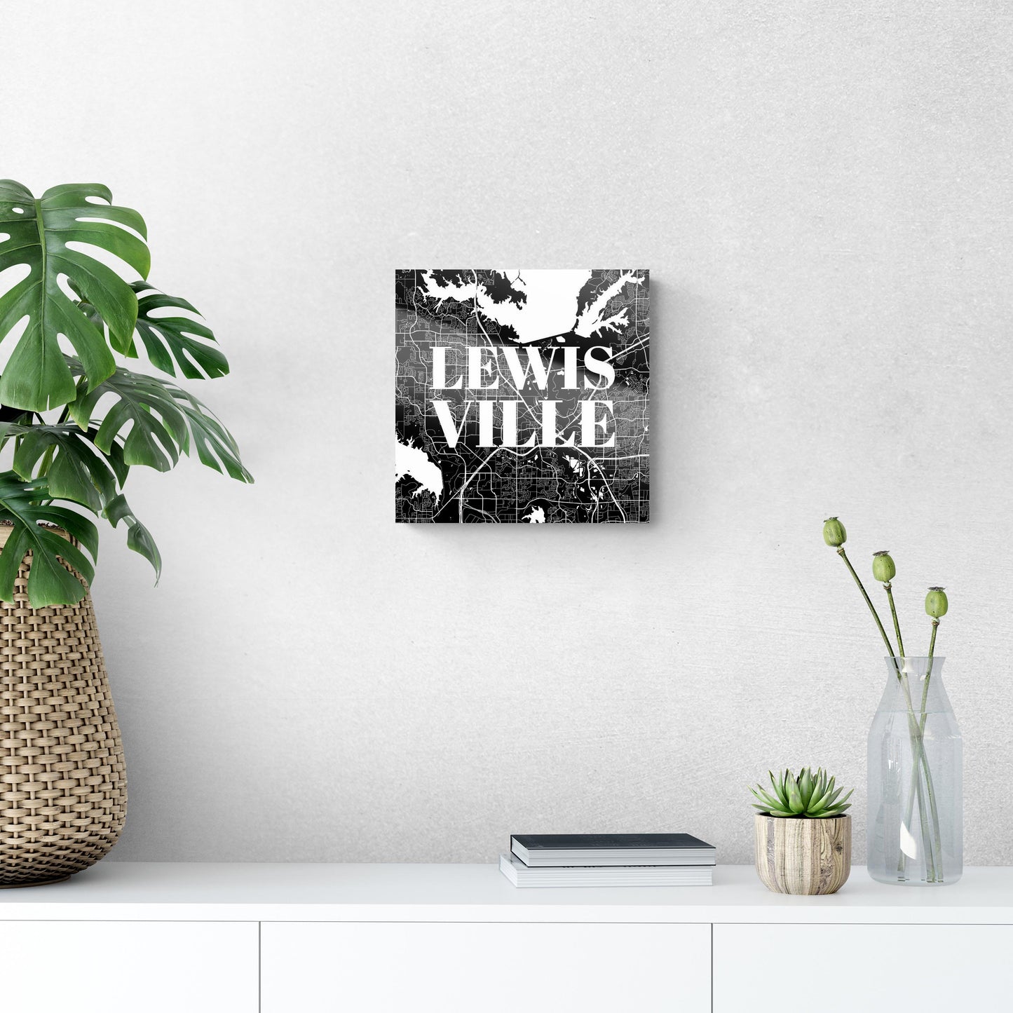 Minimalistic B&W Texas Lewisville Map | Hi-Def Glass Art | Eaches | Min 1