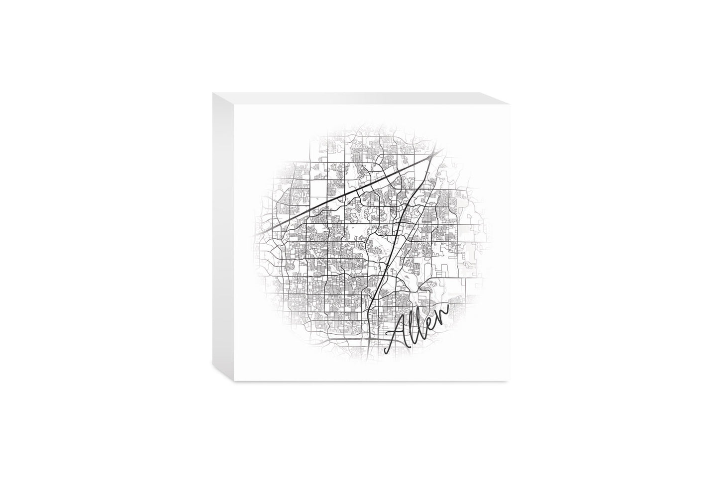 Minimalistic B&W Texas Allen Circle Map | Wood Block | Eaches | Min 4