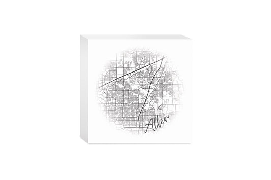 Minimalistic B&W Texas Allen Circle Map | Wood Block | Eaches | Min 4