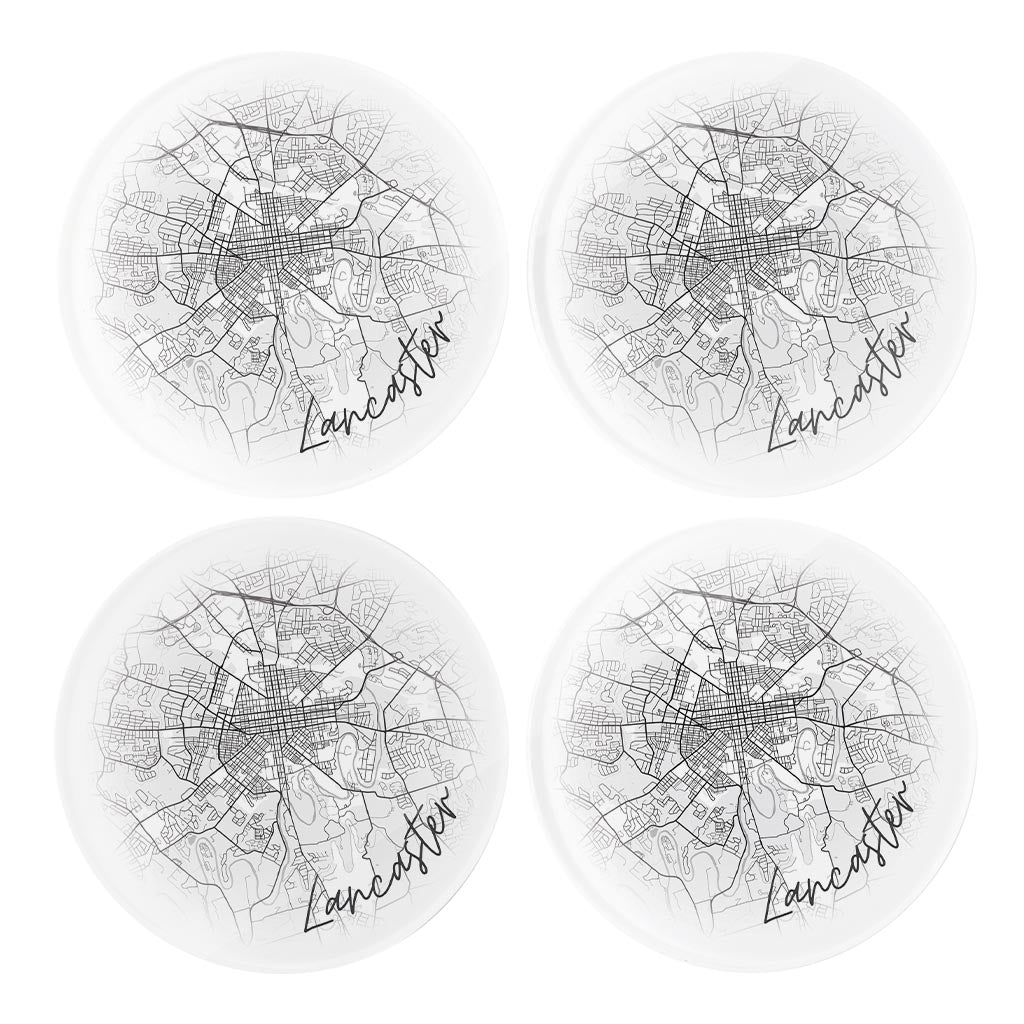 Minimalistic B&W Pennsylvania Lancaster Circle Map | Hi-Def Glass Coasters | Set of 4 | Min 2