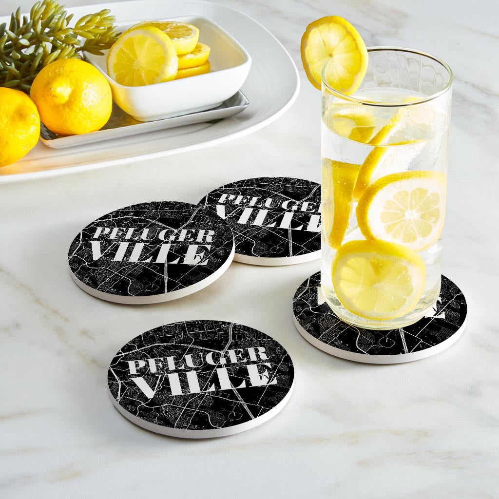 Minimalistic B&W Texas Pflugerville Map | Absorbent Coasters | Set of 4 | Min 2