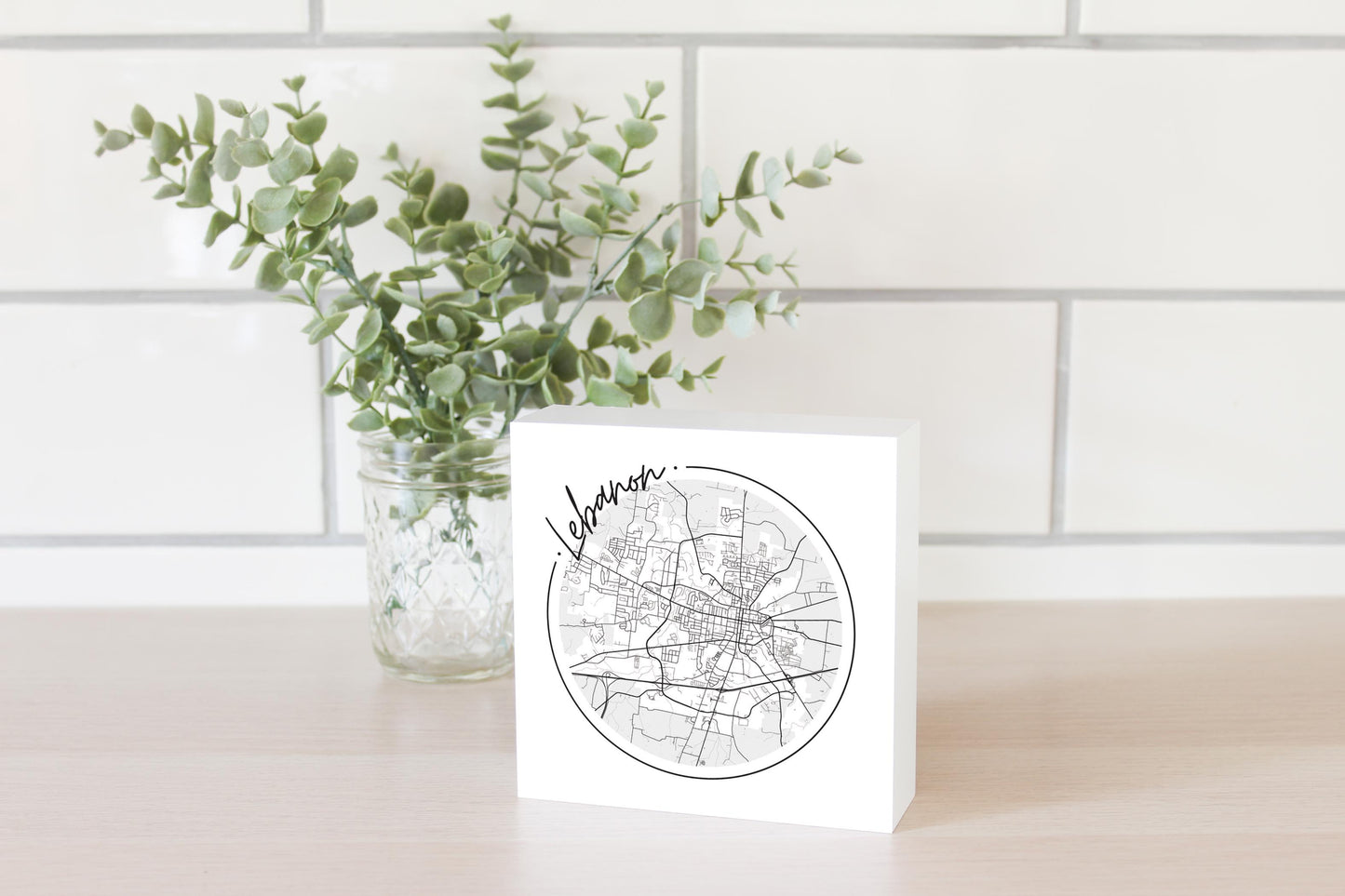 Minimalist B&W Tennessee Lebanon Circle Map | Wood Block | Eaches | Min 4