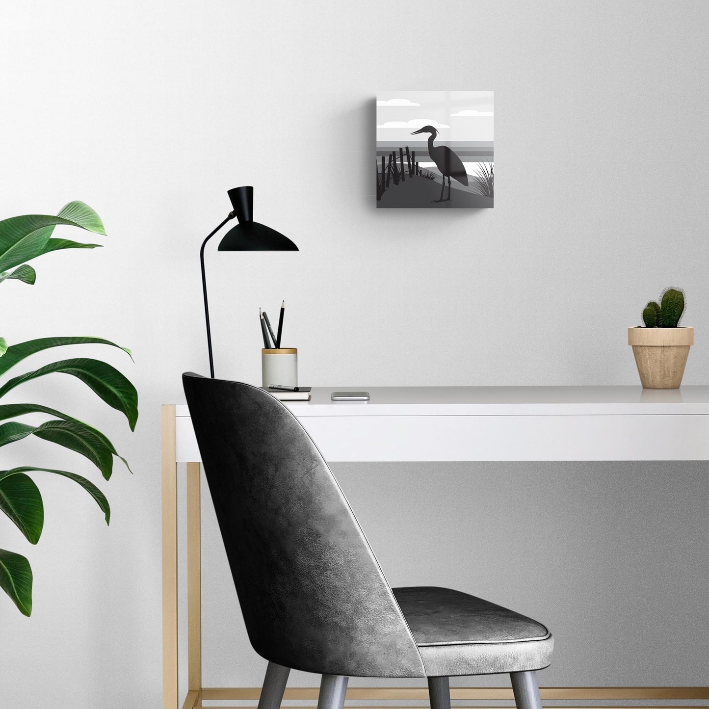 Minimalistic B&W Cape Cod Heron Illustration | Hi-Def Glass Art | Eaches | Min 2