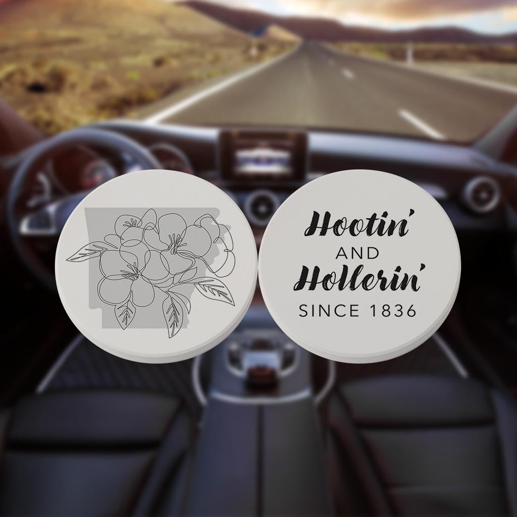 B&W Minimalist Arkansas Flowers Hootin | Absorbent Car Coasters | Set of 2 | Min 4