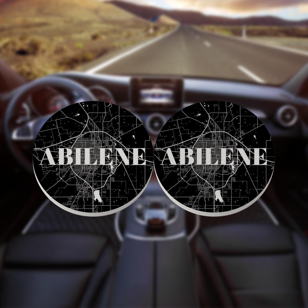 Minimalist B&W Texas Abilene Map | Absorbent Car Coasters | Set of 2 | Min 4