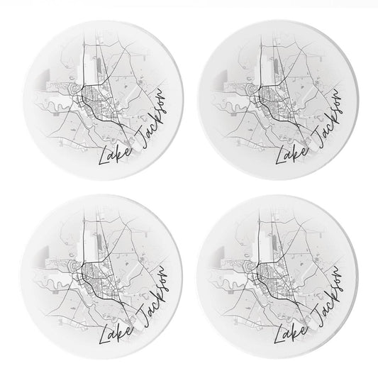 Minimalistic B&W Texas Lake Jackson Circle Map | Absorbent Coasters | Set of 4 | Min 2
