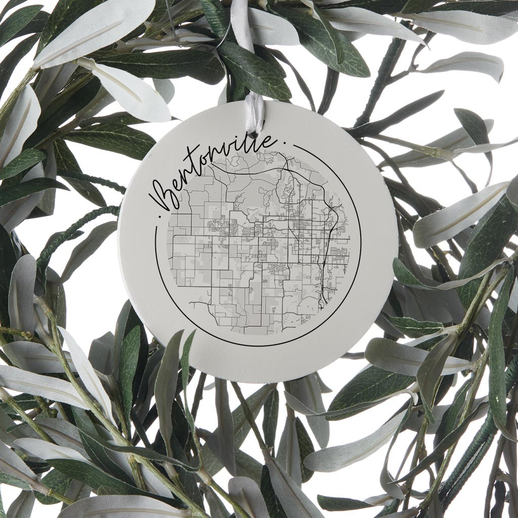 Minimalist B&W Arkansas Bentonville Circle Map | Wood Ornament | Eaches | Min 6