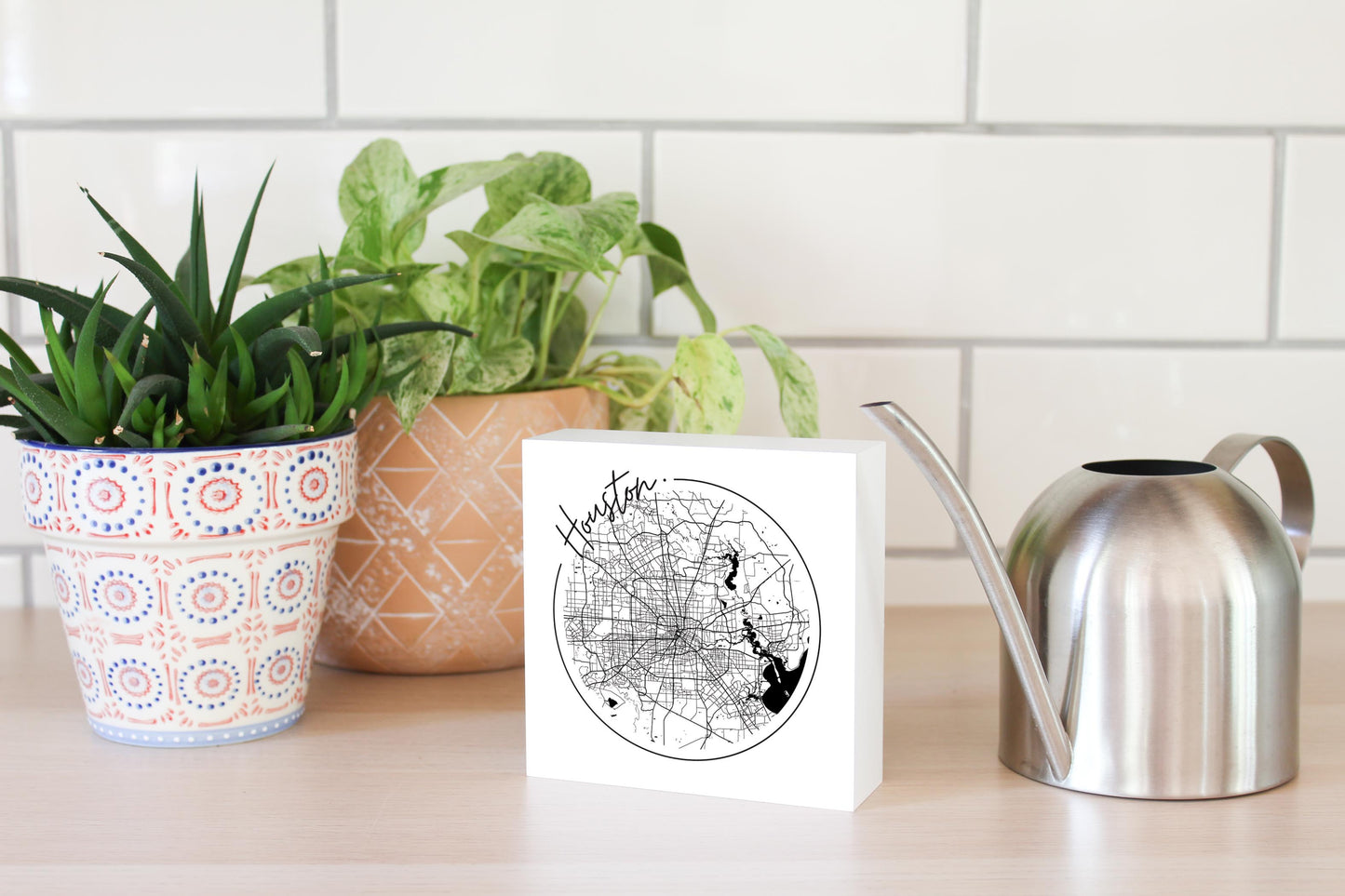 Modern Houston White Round Map | Wood Block | Eaches | Min 4