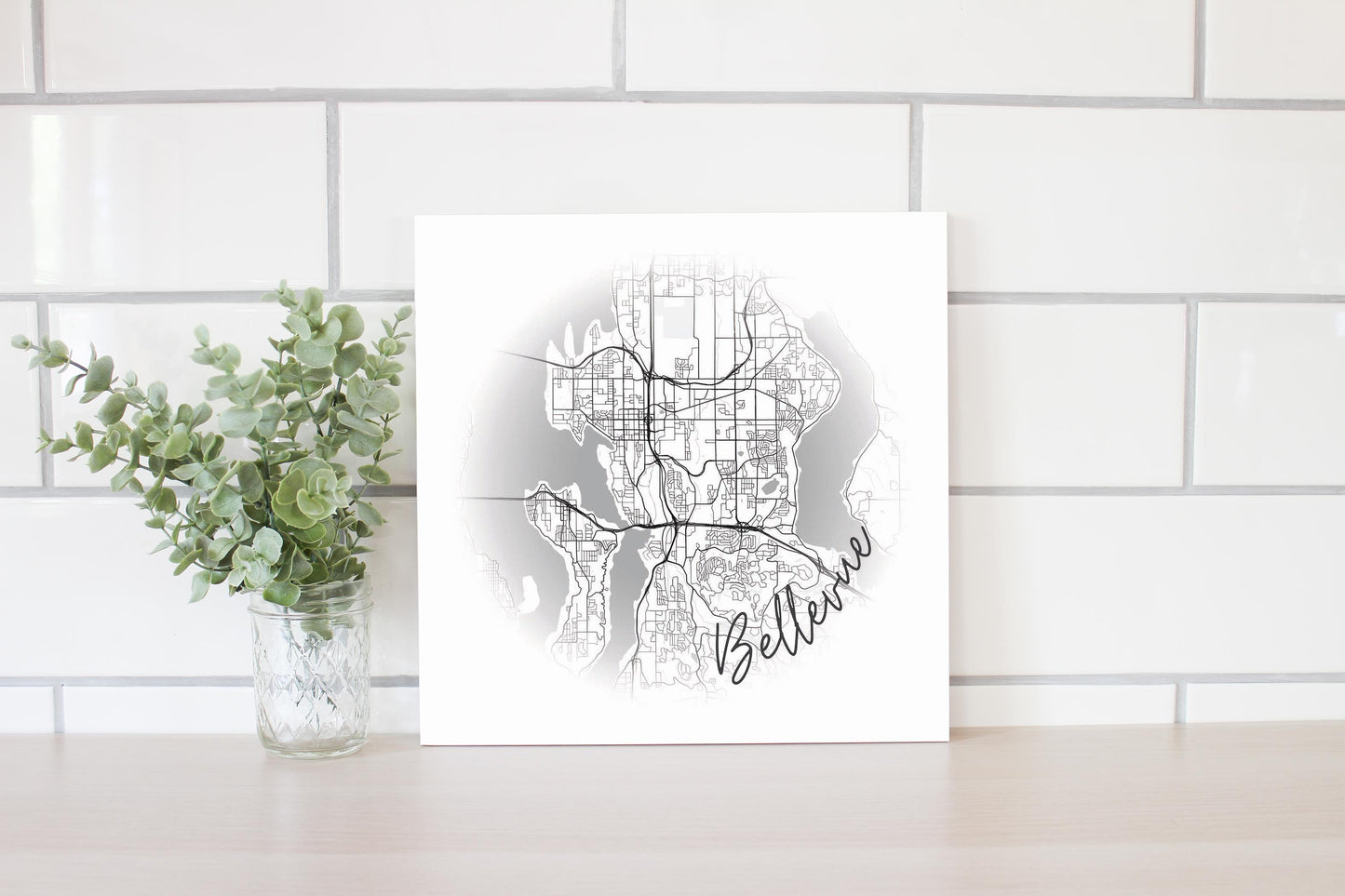 Minimalistic B&W Washington Bellevue Circle Map | Wood Sign | Eaches | Min 2