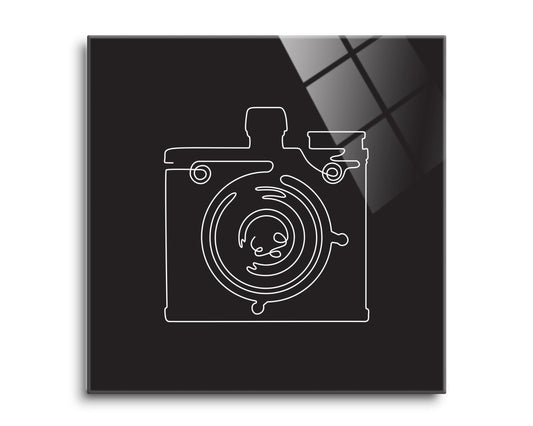 Vintage Camera Line Drawing On Black| Hi-Def Glass Art | Eaches | Min 2