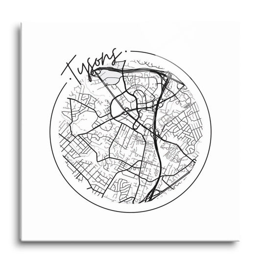 Minimalistic B&W Virginia Tysons Circle Map | Hi-Def Glass Art | Eaches | Min 1